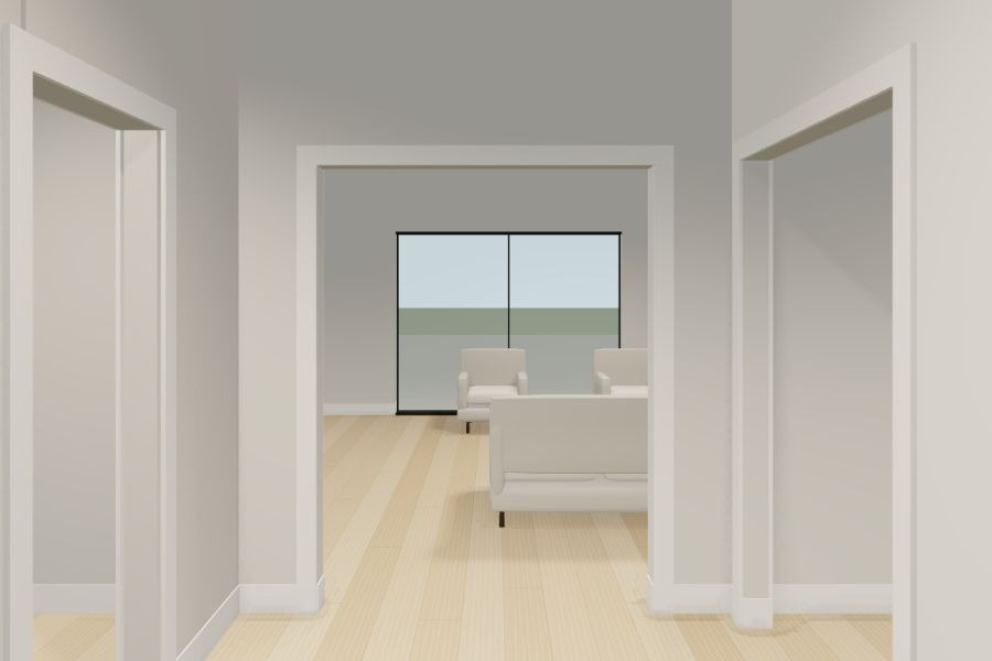 Measured view from the front entrance through the living room
