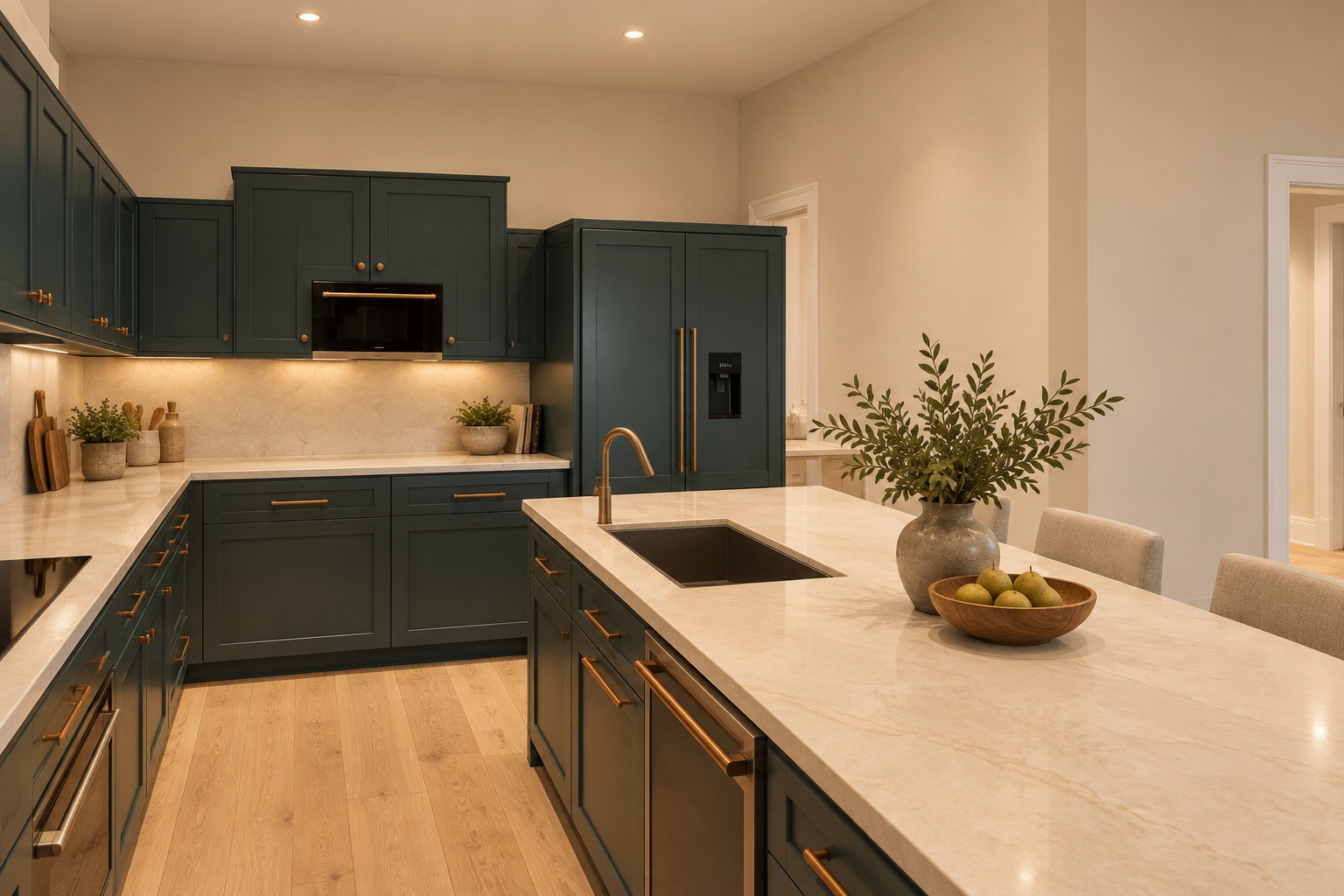 Kitchen from the dining-side working aisle