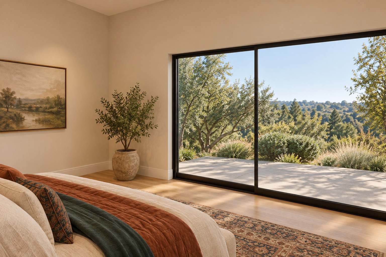 Primary bedroom toward the patio glazing