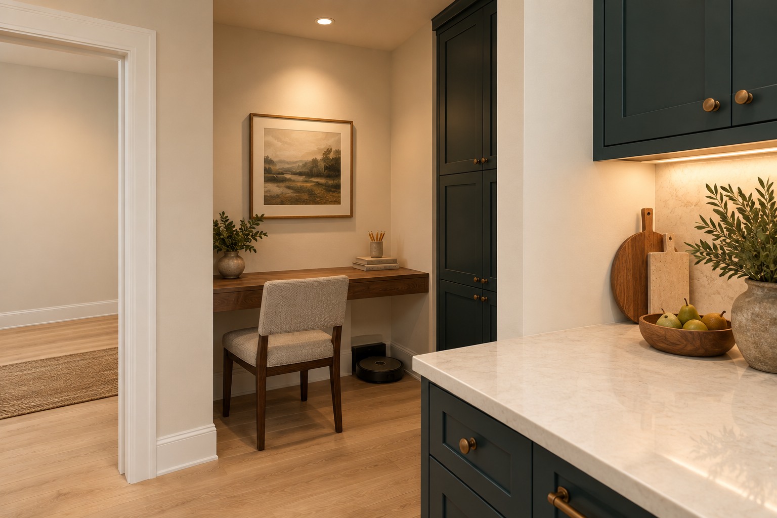 Pantry counter, desk and robot-vacuum dock