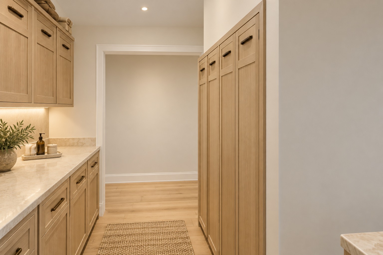 Butler pantry and concealed laundry